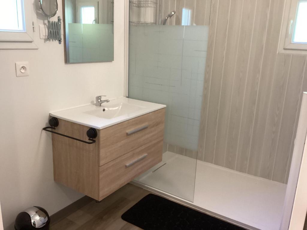 une salle de bain avec un lavabo et une douche dans l'établissement Chalet de luxe bord de riviere, à Pont-de-Labeaume