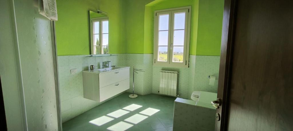 La salle de bains verte est pourvue d'un lavabo et d'un miroir. dans l'établissement La Gropina Di Loro Ciuffenna, à Loro Ciuffenna