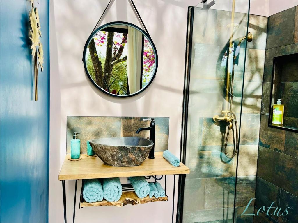 une salle de bain avec un lavabo et un miroir dans l'établissement Domaine la Madeleine - Hébergement insolite, à Aubagne 18 autres photos