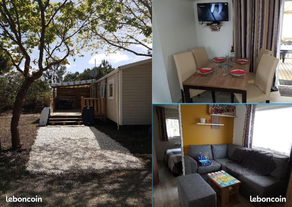 un collage de photos d'un salon et d'un arbre dans l'établissement La Lette fleurie - Mobil home Spacieux climatisé 6-8 personnes tout équipé en camping 4 étoiles, à Saint-Julien-en-Born