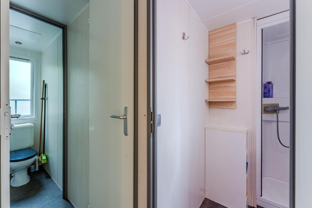 La salle de bains est pourvue de toilettes et d'une porte en verre. dans l'établissement Camping 4 étoiles, parc aquatique, à Aureilhan