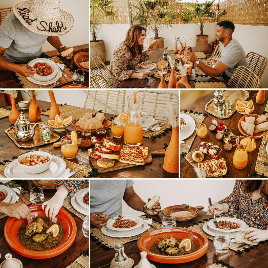 un collage d'images d'une table avec des aliments dans l'établissement Riad Shabi Kasbah, à Marrakech