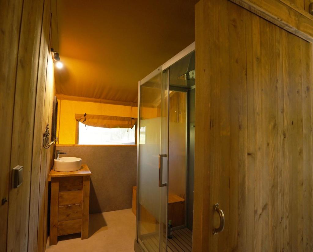 une salle de bain avec une douche en verre et un lavabo dans l'établissement Tente Safari Eco Lodge 6 Personnes, à Castillon-Debats