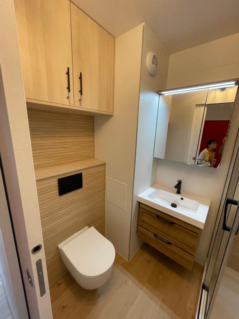 une petite salle de bain avec toilettes et lavabo dans l'établissement Studio rénové 2 adultes 2 enfants - Tignes Lavachet - Vue Montagne plein sud, à Tignes