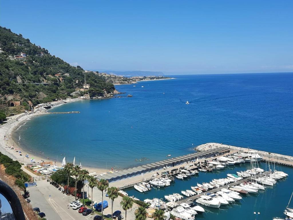 une vue aérienne d'une marina avec des bateaux dans l'eau dans l'établissement "Blue Villa" with private pool,BBQ in Andora, à Moltedo