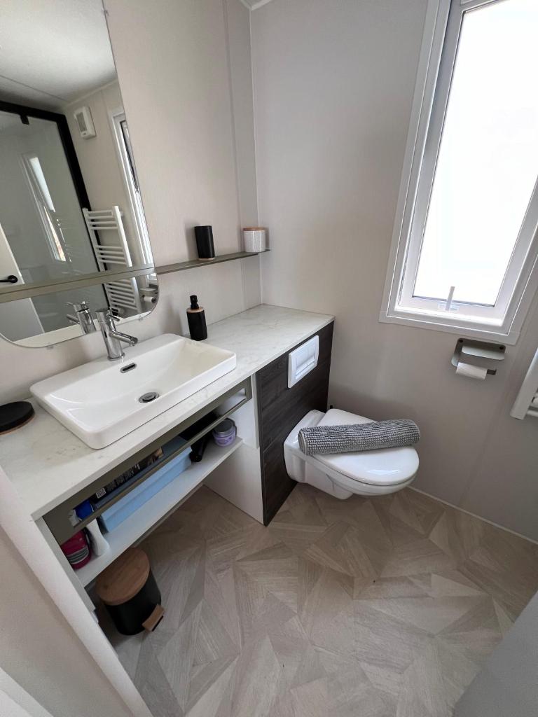 une salle de bain avec un lavabo et des toilettes et une fenêtre dans l'établissement Mobile Evasion okpl SEGUR, à Saint-Raphaël