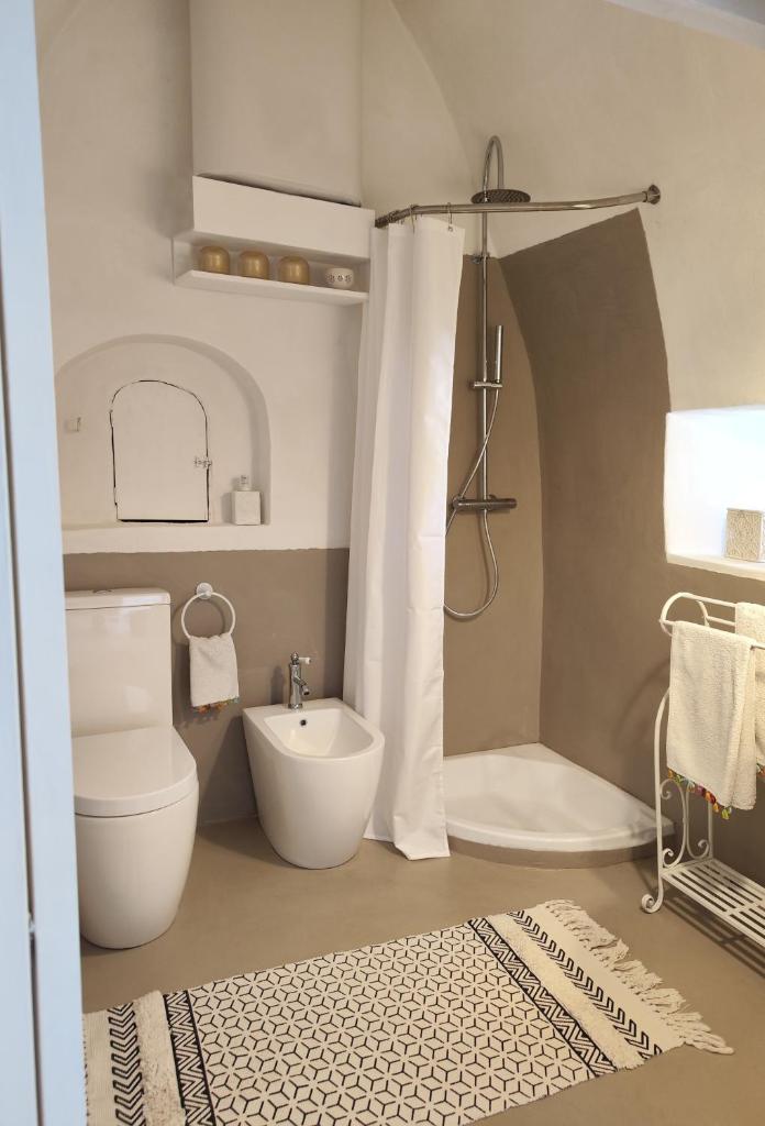 une salle de bain avec une douche, des toilettes et un lavabo dans l'établissement Trulli Pace 1879 Martina Franca, à Martina Franca 30 autres photos