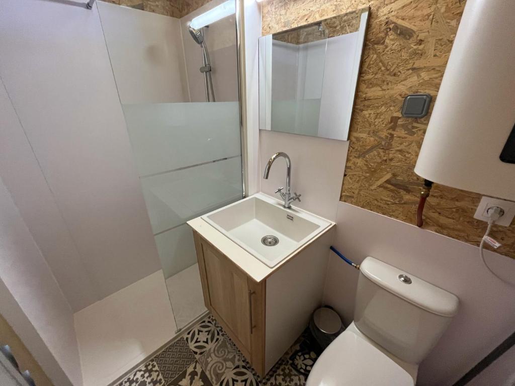 une petite salle de bain avec toilettes et lavabo dans l'établissement Les lucioles cabane chalet avec Jacuzzi privatif, à Privas