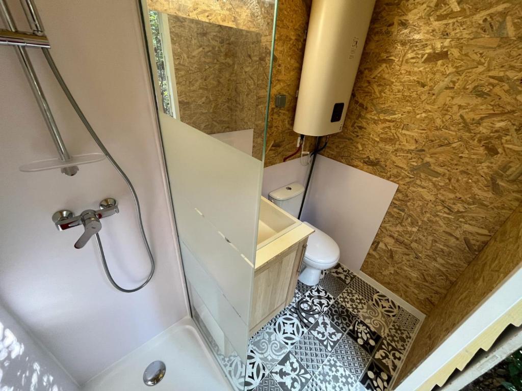 une salle de bain avec douche et toilettes dans l'établissement Les lucioles cabane chalet avec Jacuzzi privatif, à Privas 12 autres photos