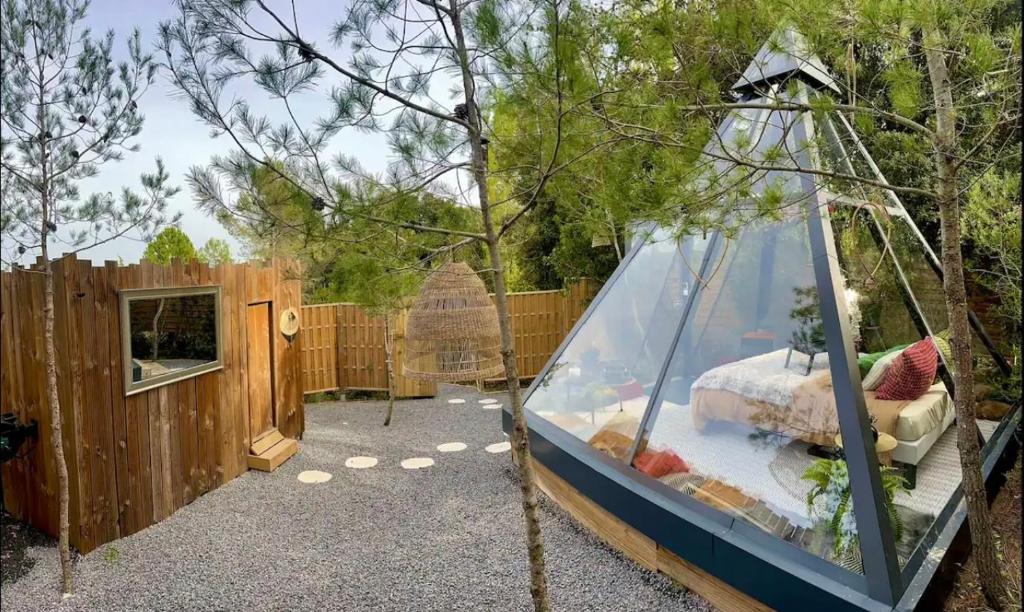 un verre avec un lit et une balançoire dans une cour dans l'établissement Magnifique Pyramide en Verre, à Montarnaud 2 autres photos