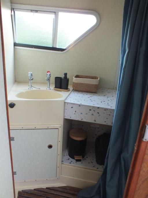 une petite salle de bain avec un lavabo et une fenêtre dans l'établissement Nuits insolites sur un bateau, à Saint-Hilaire-la-Palud