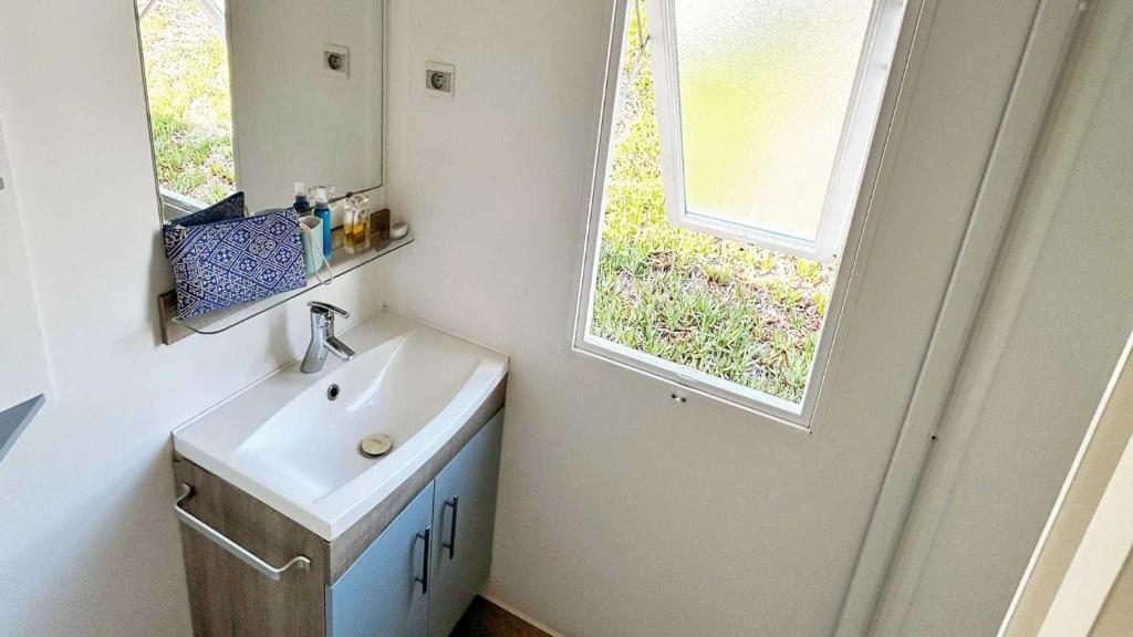 une salle de bain avec un lavabo, un miroir et une fenêtre dans l'établissement Camping 5 étoiles - Parc aquatique - eebaff, au Muy