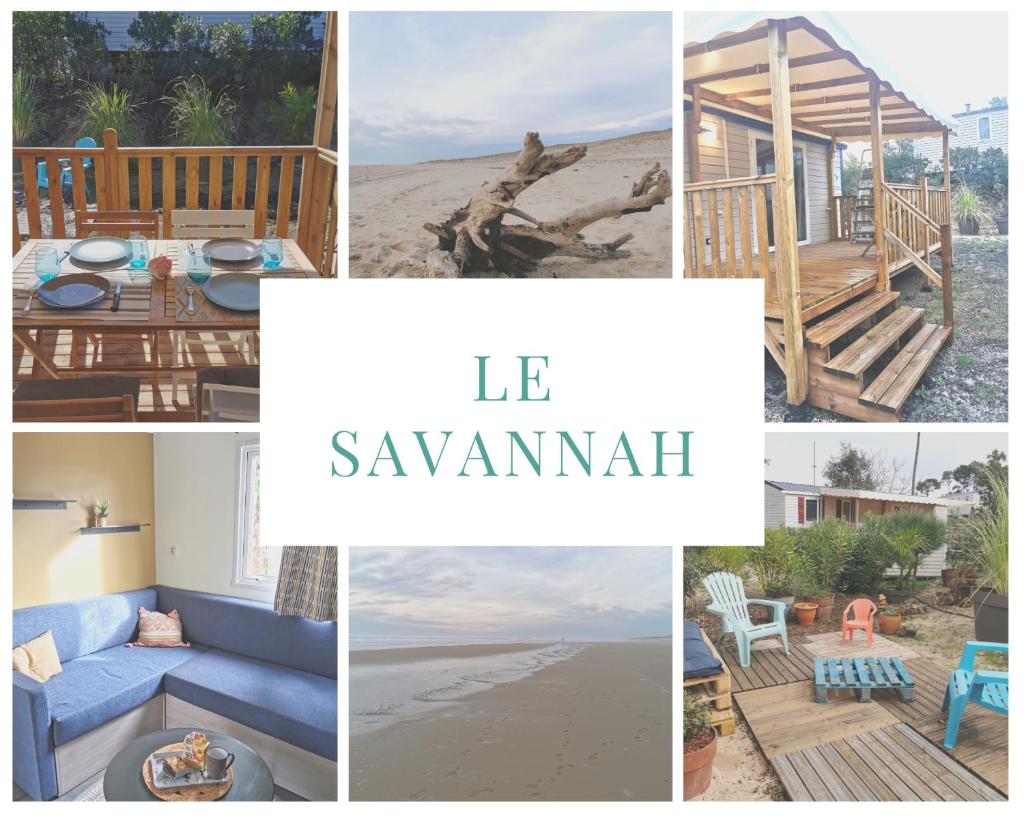 un collage de photos d'une maison sur la plage dans l'établissement Mobile home le Savannah, à Lège-Cap-Ferret