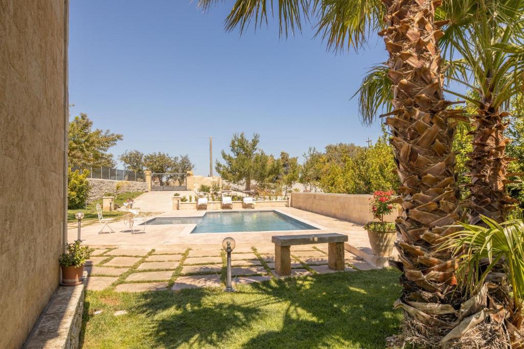 une piscine avec un banc à côté d'un palmier dans l'établissement Villa Funny, à Carpignano Salentino