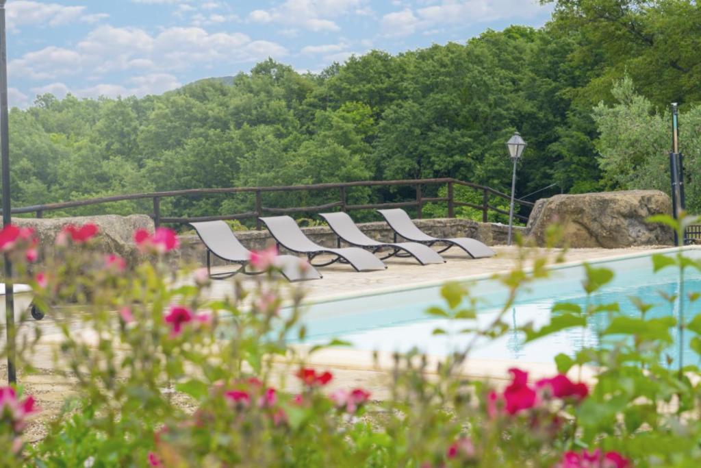 une rangée de chaises longues à côté d'une piscine dans l'établissement Villa Elisa - Private Pool & AirCo Near Reschio Castle, à Lugnano