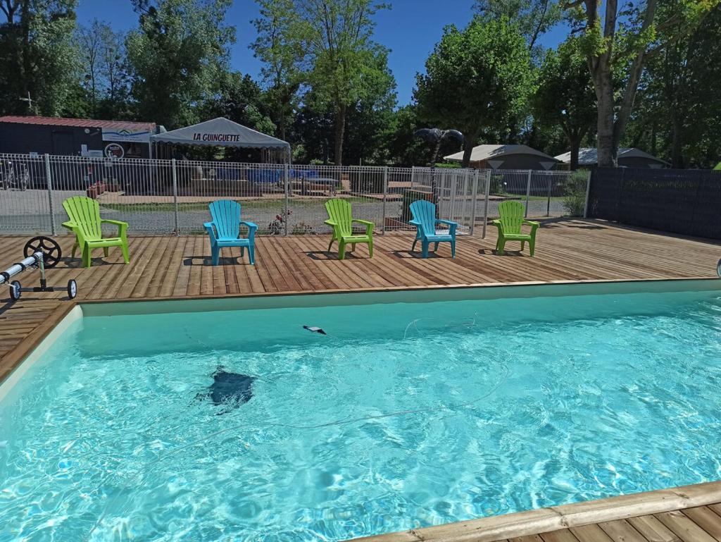 - une piscine avec des chaises et un chien dans l'eau dans l'établissement TONNEAU HERBERGEMENT INSOLITE AU CAMPING DES NIERES, à Ébreuil