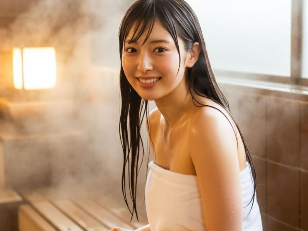 une femme en robe blanche posant une photo dans l'établissement Takasago Onsen, à Asahikawa