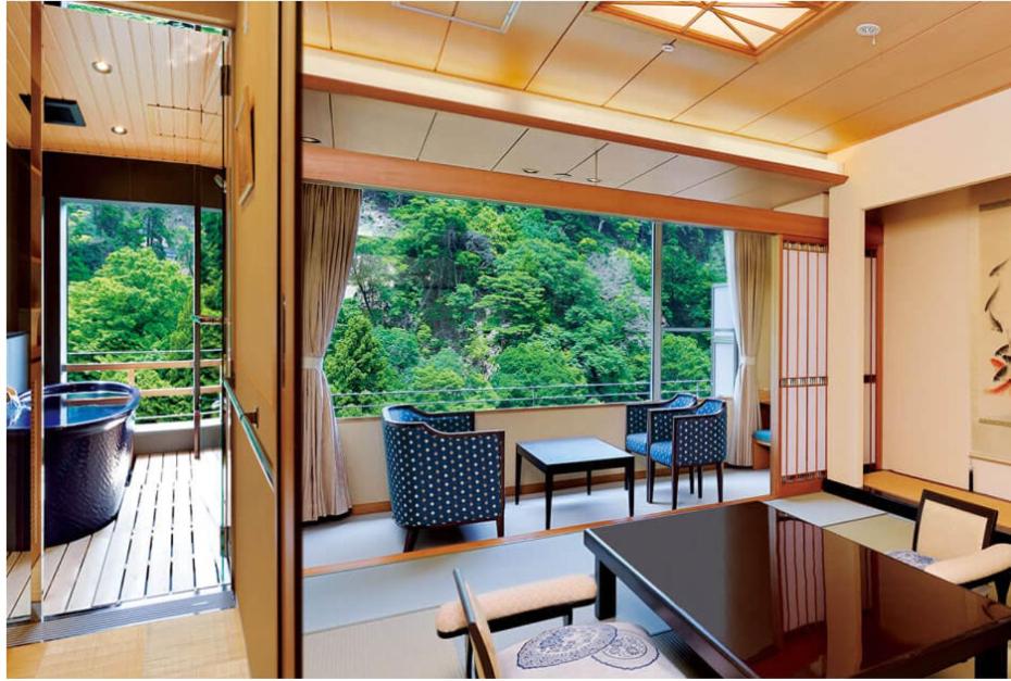 une pièce avec une table et des chaises et une grande fenêtre dans l'établissement Arima Onsen Gekkoen Korokan, à Kobe