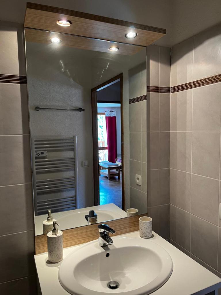 une salle de bain avec un lavabo et un grand miroir dans l'établissement Cosy Montagne, à Valmeinier