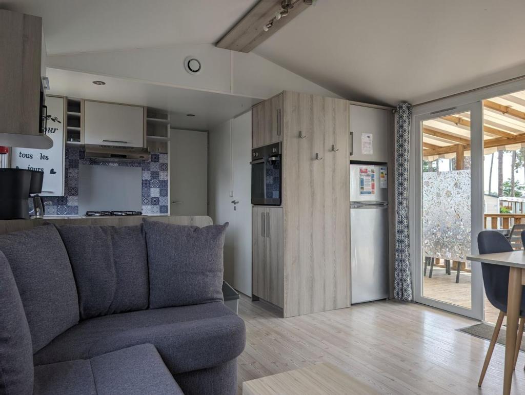 un salon avec un canapé et une cuisine dans l'établissement Mobil-home Mick et Stefie, à Saint-Julien-en-Born 2 autres photos