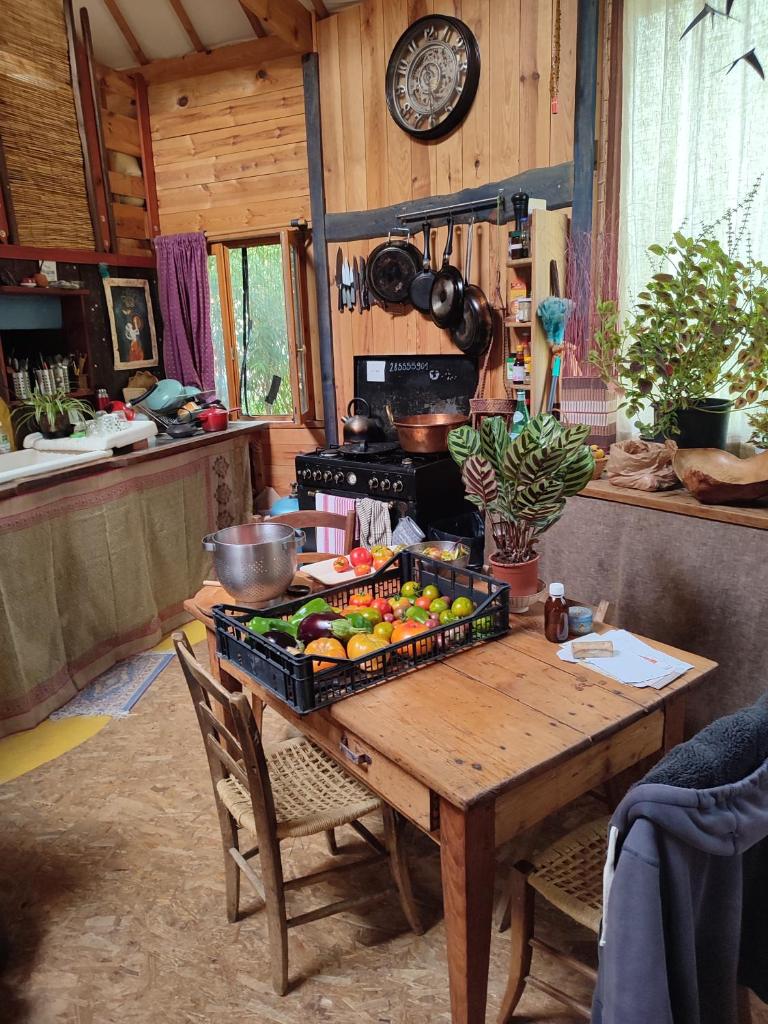 une cuisine avec une table en bois avec des fruits et des légumes dans l'établissement Grande yourte, à Boulc