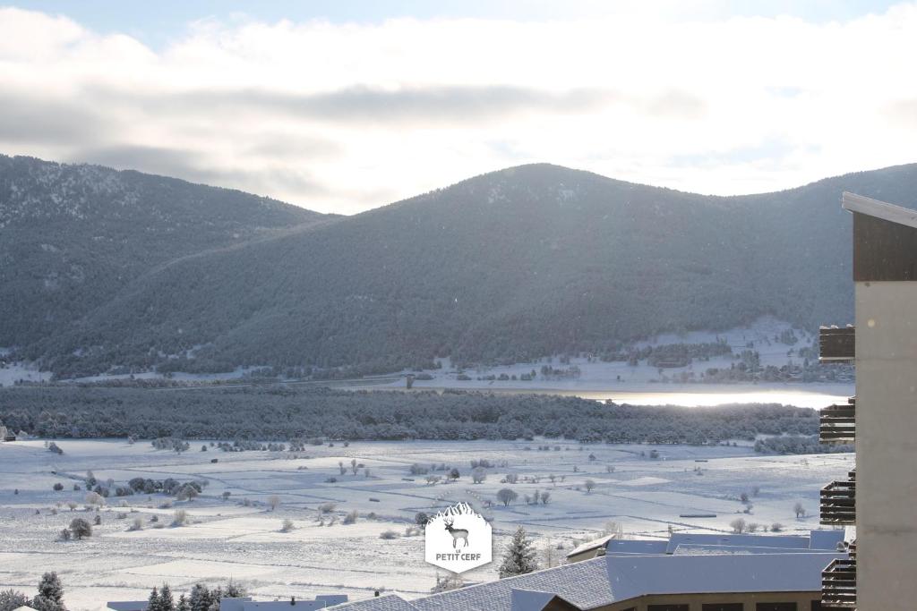 - une vue sur un champ de neige avec des montagnes en arrière-plan dans l'établissement Le Petit Ours & Le Petit Cerf - Studios vue lac & montagnes, aux Angles