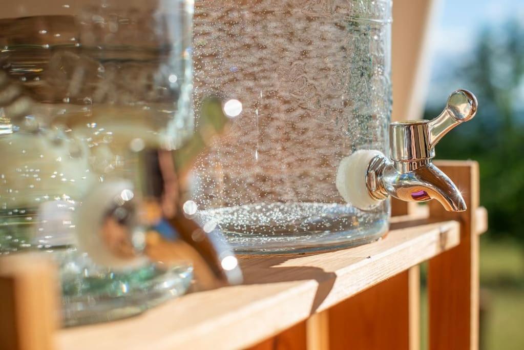 un bocal en verre rempli d'eau sur une étagère en bois dans l'établissement Dôme en pleine nature, à Lusse 37 autres photos