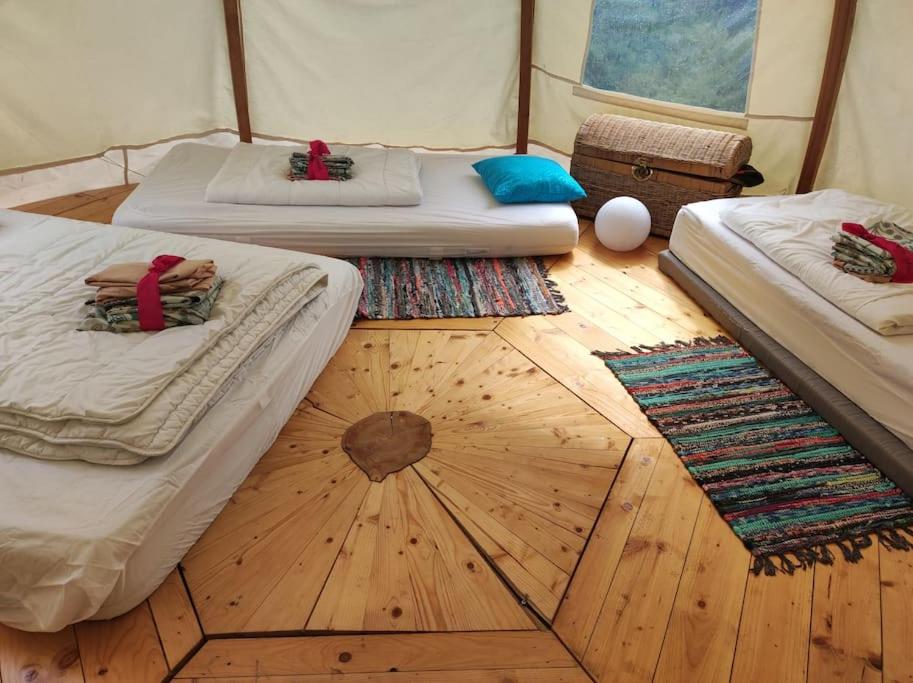 Cette chambre dispose de deux lits et de parquet. dans l'établissement Dôme en pleine nature, à Lusse