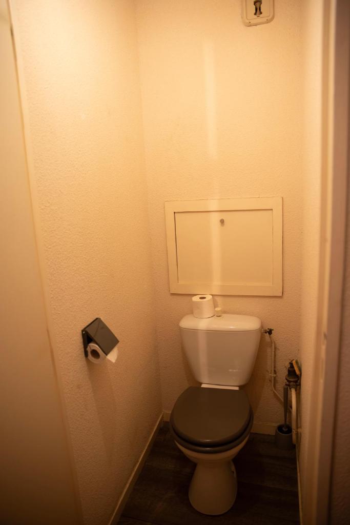 Elle comprend une petite salle de bains pourvue de toilettes et d'un siège vert. dans l'établissement Poutran 2, studio 4 personnes au pied des pistes avec grande terrasse, à Oz 12 autres photos