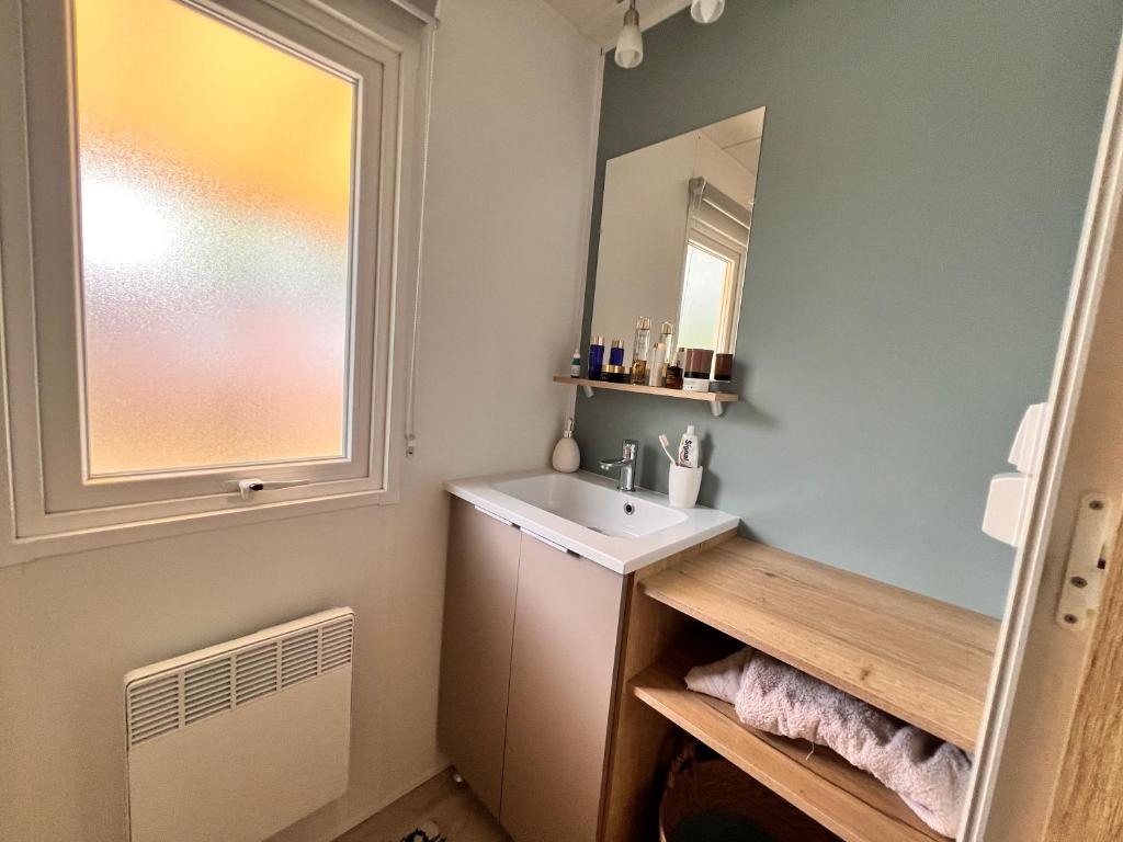 une salle de bain avec un lavabo et un miroir dans l'établissement Un toit sur le bassin bungalow, à Claouey