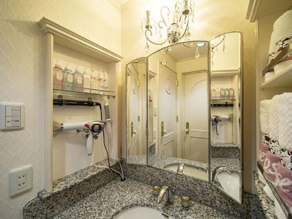une salle de bain avec un lavabo et un miroir dans l'établissement Rose Lips Shinsaibashi ローズリップス心斎橋アダルトオンリー, à Osaka 11 autres photos
