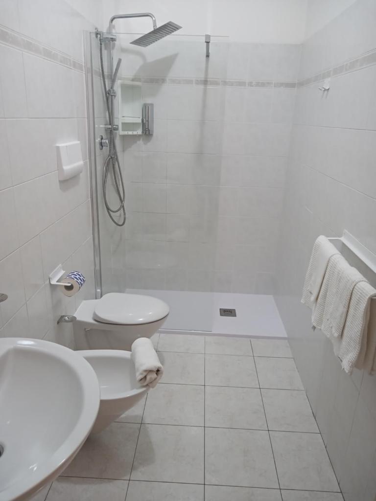 une salle de bain avec une douche, des toilettes et un lavabo dans l'établissement Hotel San Giorgio, à Vasto 41 autres photos