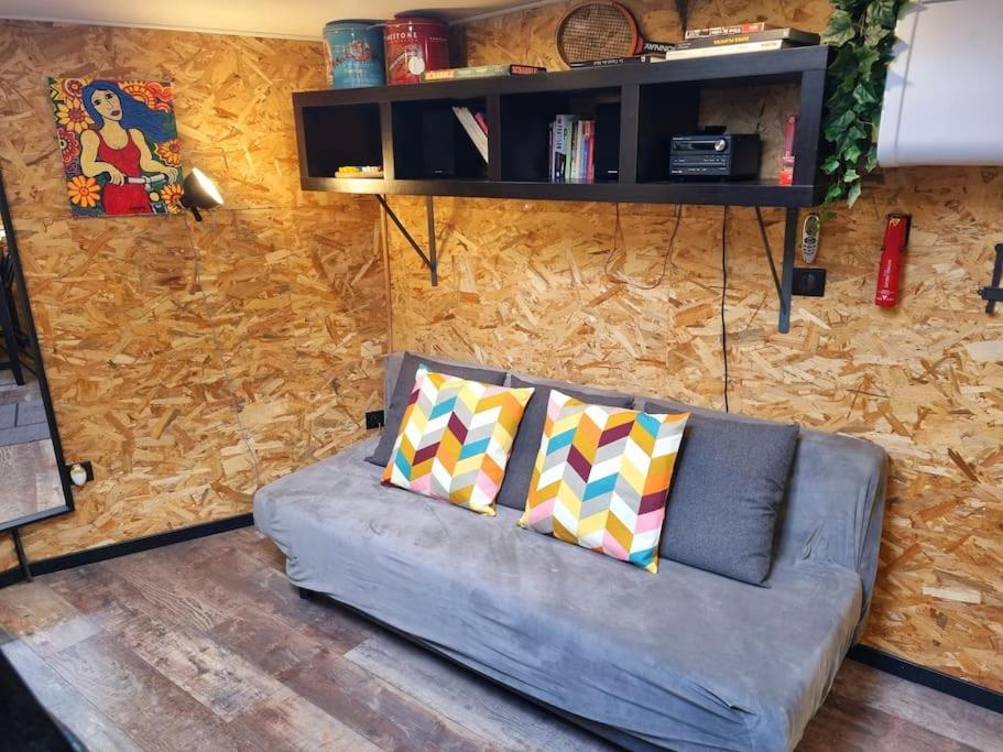 - un canapé avec deux oreillers dans le salon dans l'établissement Péniche Chaleureuse avec jacuzzi Toulouse centre, à Toulouse