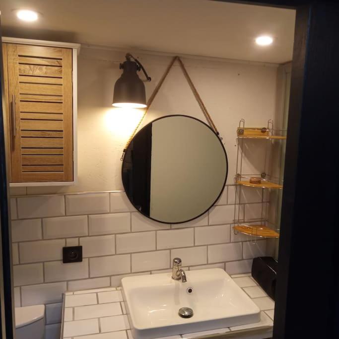 une salle de bain avec un lavabo et un miroir au mur dans l'établissement Péniche Chaleureuse avec jacuzzi Toulouse centre, à Toulouse 13 autres photos