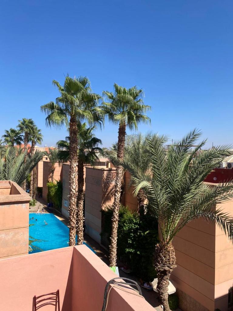 une vue d'un complexe avec des palmiers et une piscine dans l'établissement Riad Tichka piscine palmeraie, à Marrakech