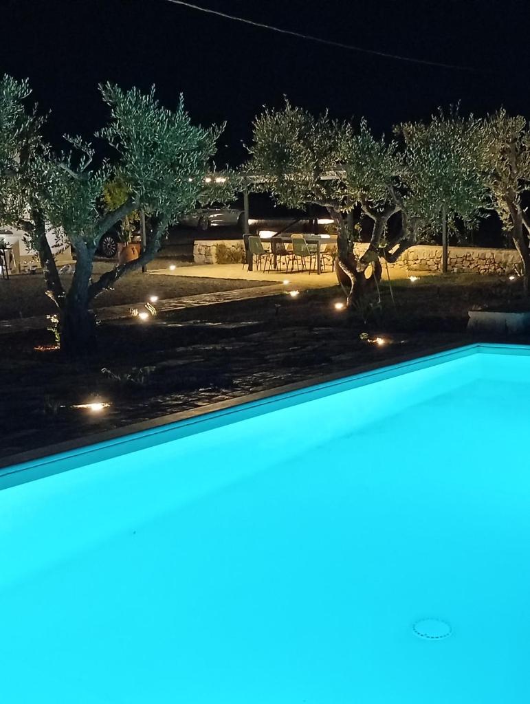 une piscine la nuit avec des arbres et des lumières dans l'établissement Trulli Enjoy, à Noci