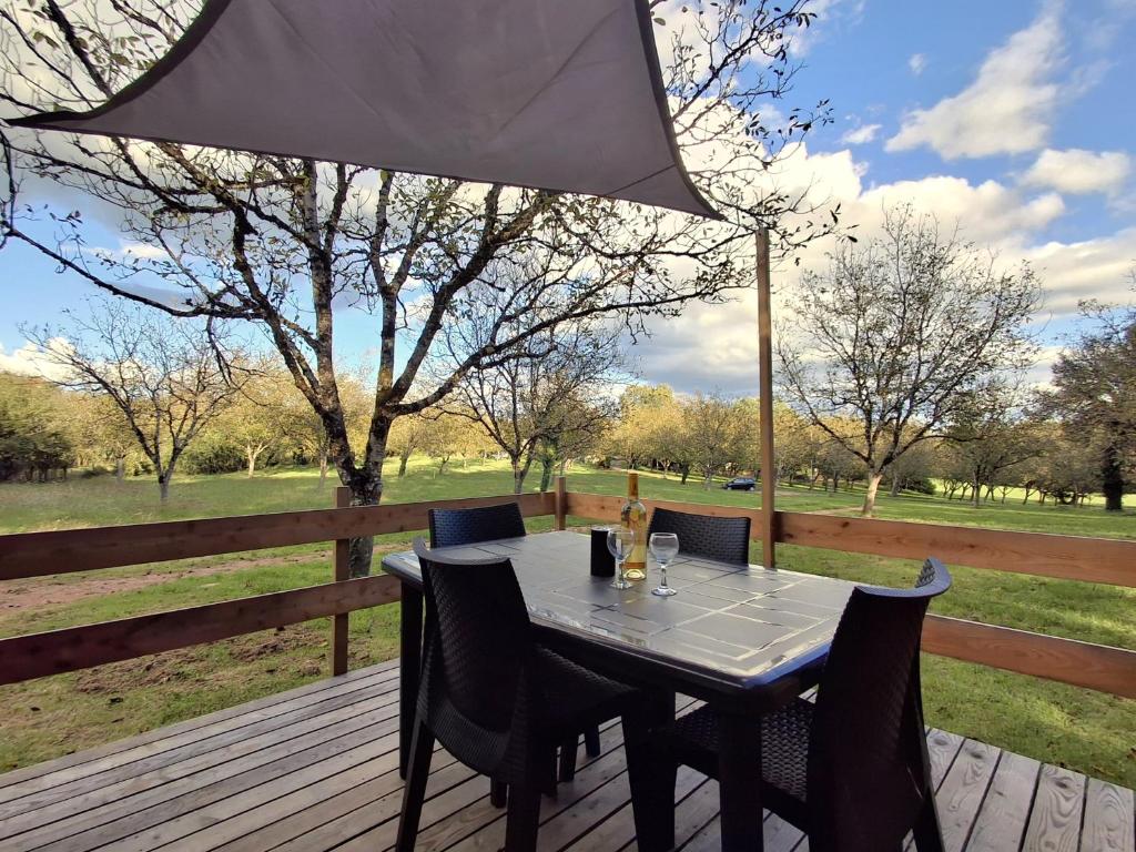 une terrasse en bois avec une table, des chaises et un parasol dans l'établissement Chalets de l'Oasienne, à Lissac et Mouret