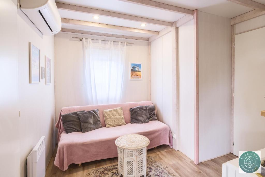 - un canapé rose dans une chambre avec fenêtre dans l'établissement Parc résidentiel les vignes, à Lit-et-Mixe