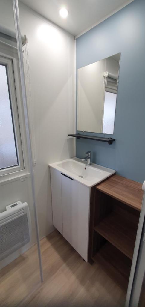 une salle de bain avec un lavabo et un miroir dans l'établissement Mh789 Bois Dormant sans vis à vis, à Saint-Jean-de-Monts