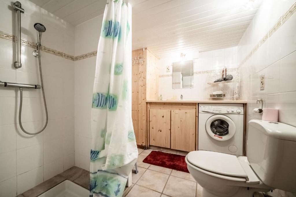 La salle de bains est pourvue de toilettes et d'un lave-linge. dans l'établissement Chalet Ermena, à Saint-Jean-dʼAulps 17 autres photos