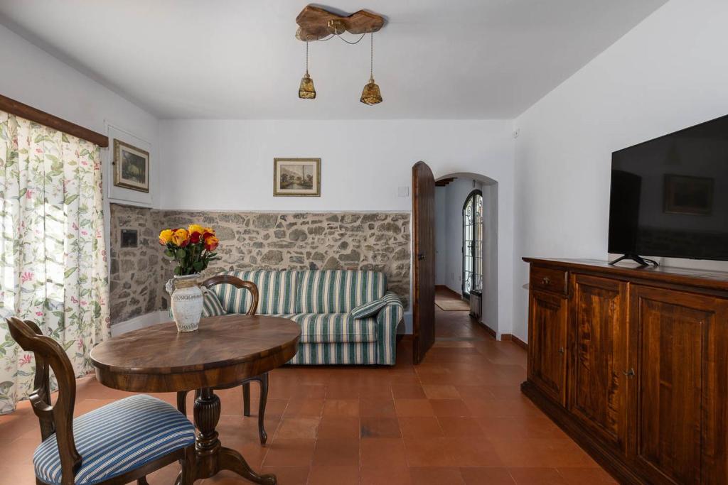un salon avec une table et une télévision dans l'établissement Chianti Villa Chicco, piscina privata, ampio giardino, BBQ e parcheggio, à Greve in Chianti