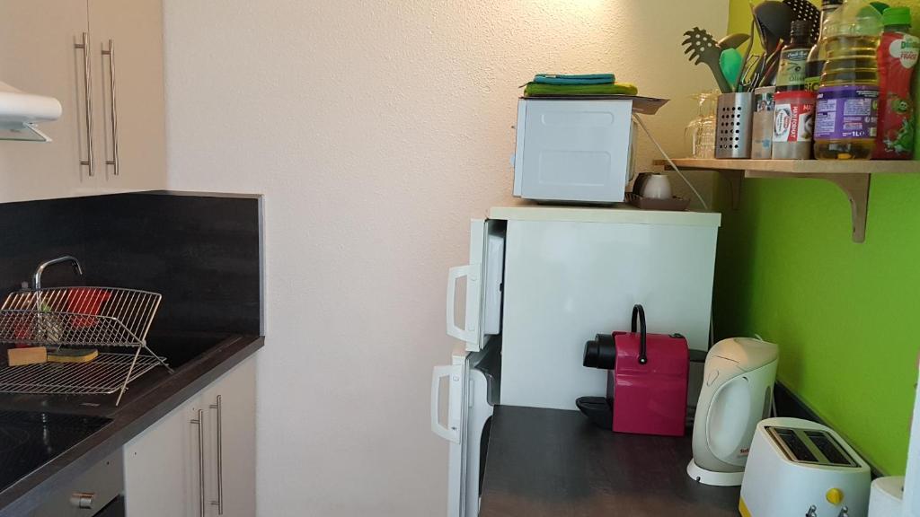 La cuisine est équipée d'un réfrigérateur blanc et d'un mur vert. dans l'établissement 2 pièces rénové 36 m² - sud avec vue montagne, à Villard-de-Lans