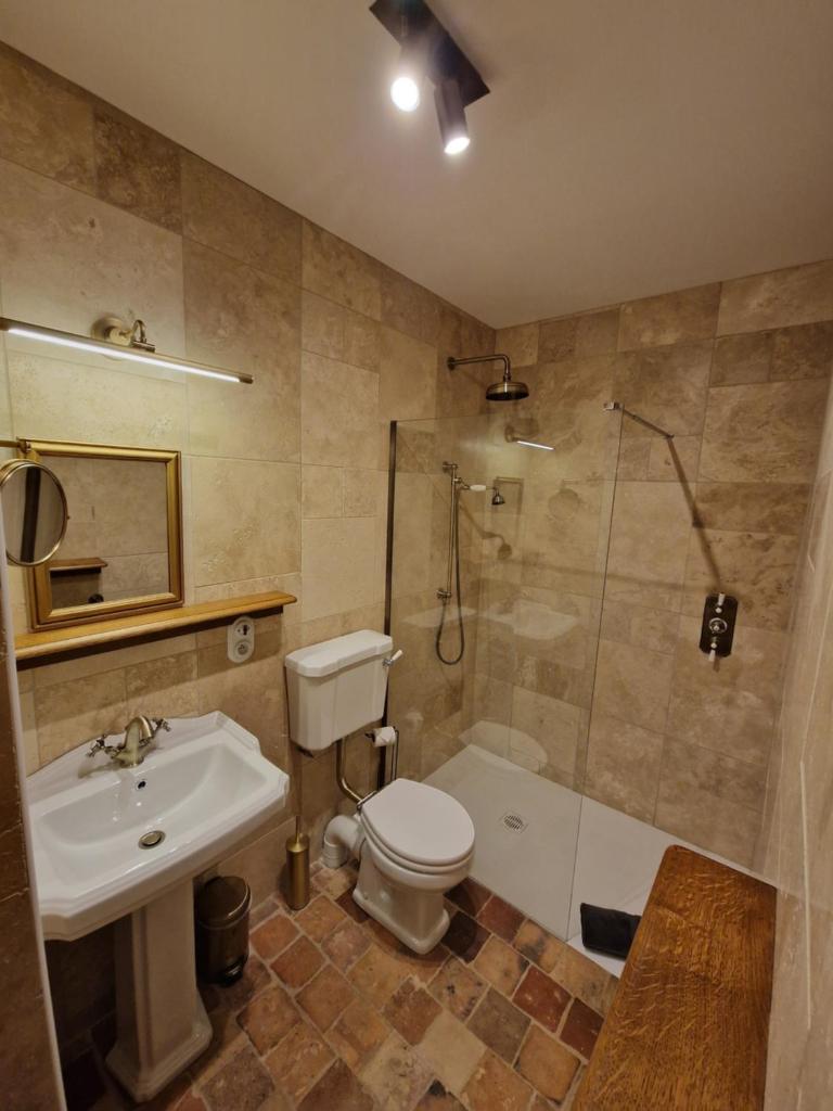 une salle de bain avec toilettes, douche et lavabo dans l'établissement Château de la Mothe de Vicq - Allier, à proximité de Vichy, à Vicq