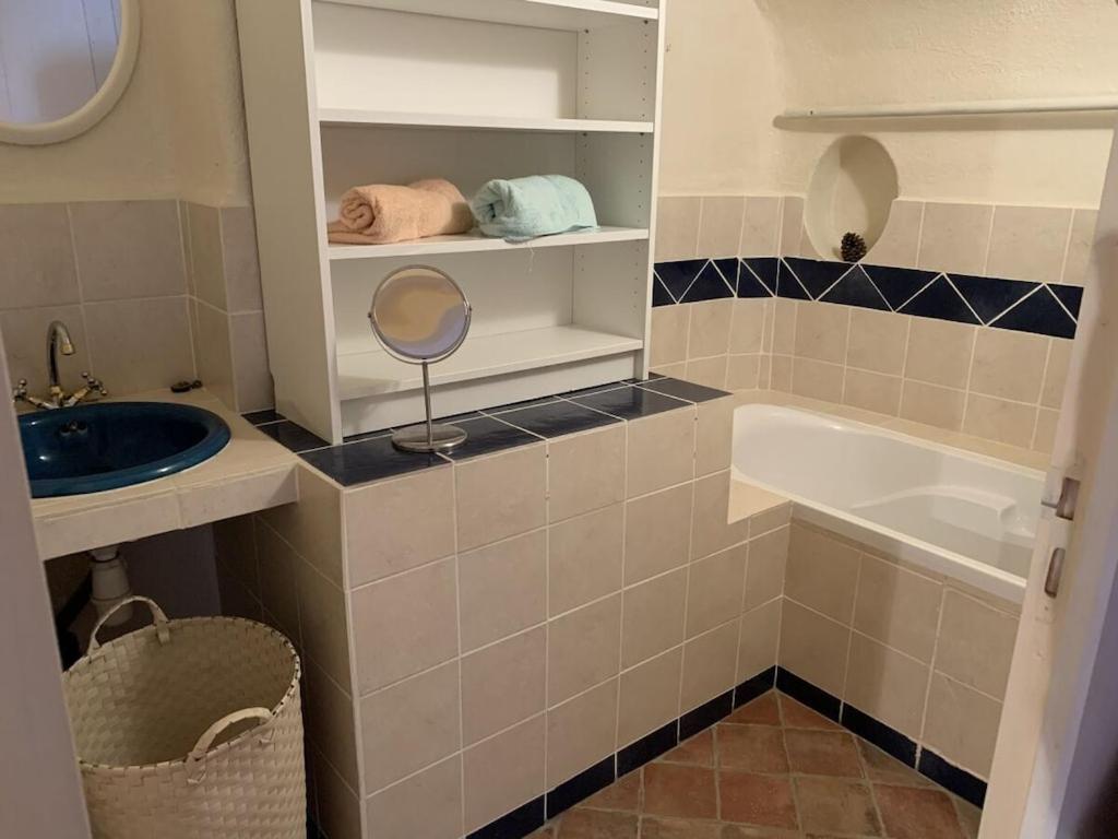 une petite salle de bain avec un lavabo et un miroir dans l'établissement La Patouille Comfortable holiday residence, à Aujac