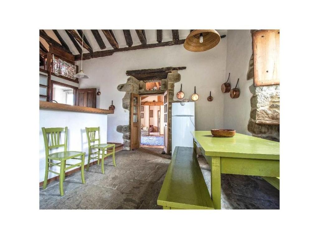 une cuisine avec une table et une table verte et des chaises dans l'établissement La Patouille Comfortable holiday residence, à Aujac