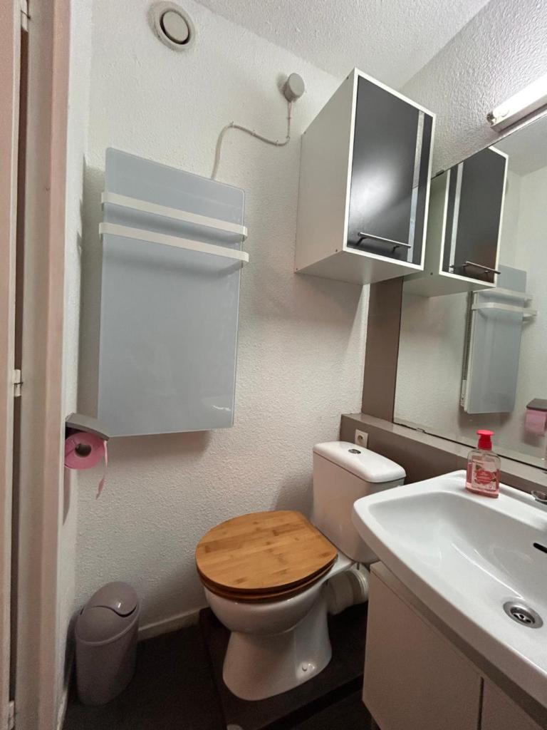 une petite salle de bain avec toilettes et lavabo dans l'établissement Studio cosy avec vue panoramique - Le Corbier, à Villarembert