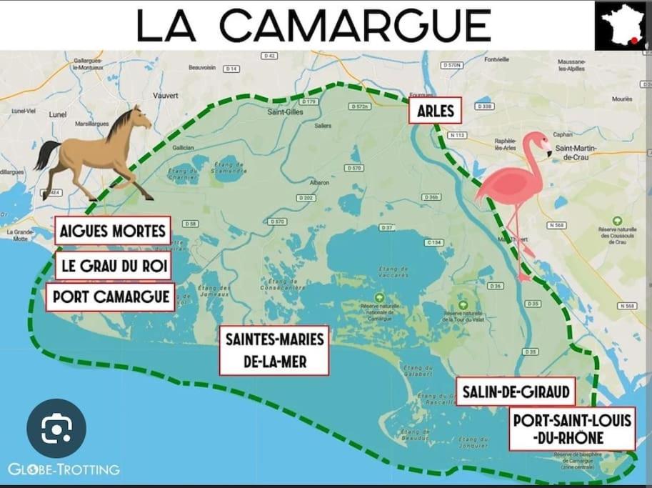 - une carte de la campagne avec un cheval dans l'établissement Logement atypique sur l'eau aux portes de la Camargue, au Grau-du-Roi 8 autres photos