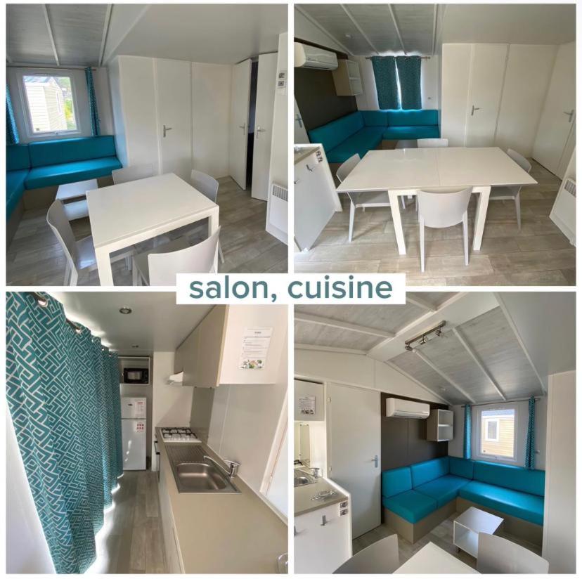 un collage de quatre photos d'une cuisine et d'une pièce dans l'établissement Mobil home 3 chambres ACM, à Vendays-Montalivet