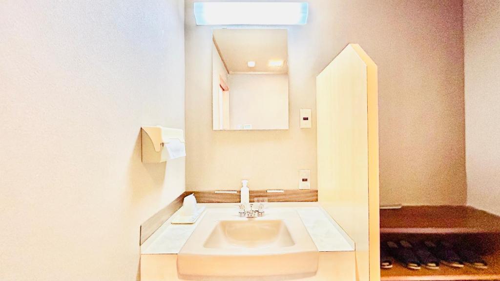 une salle de bain avec un lavabo et un miroir dans l'établissement Sunrise Katsuura, à Nachikatsuura