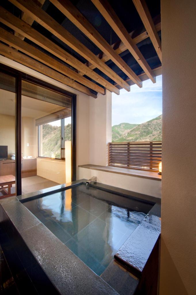 une piscine avec vue sur une montagne dans l'établissement Aura Tachibana, à Hakone